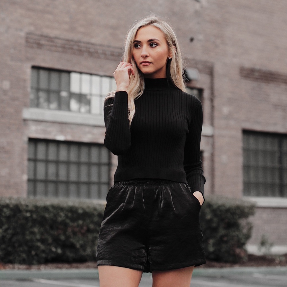 High waisted black satin shorts